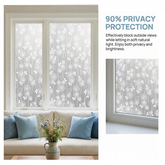 Floral Window Privacy Film Waterproof Frosted Static Cling Non-Adhesive Glass Door Privacy Film for Bathroom Bedroom Kitchen