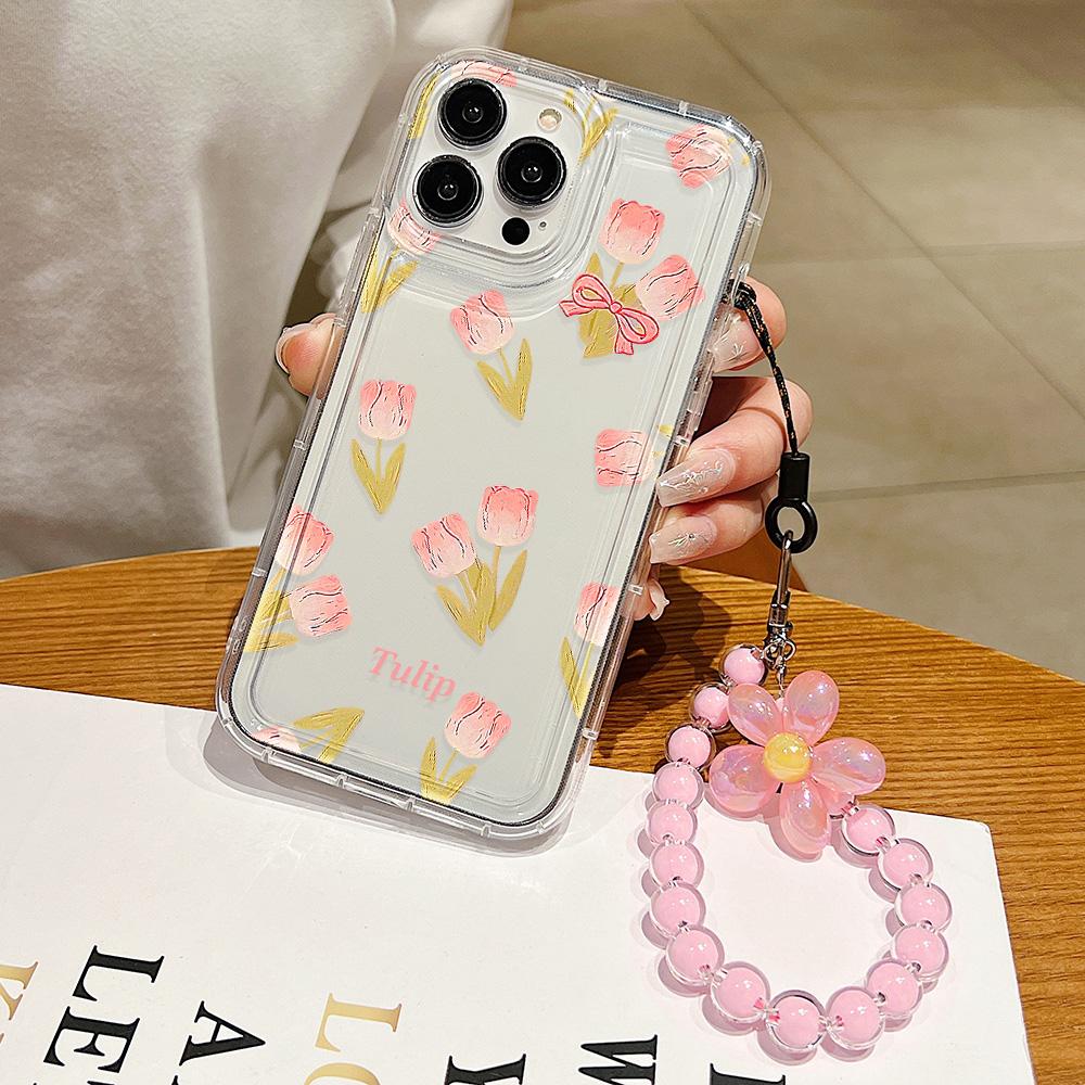 Luxury Flower Case for iPhone 11 Fundas iPhone 13 14 15 12 Pro Max XR 7 8 Plus X Xs 6 SE  Wrist Strap Clear Soft TPU Covers