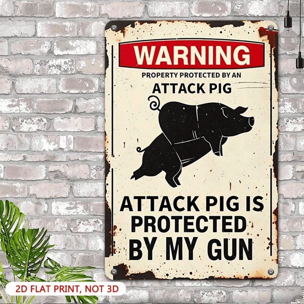 Vintage Metal Sign Attacking Pig 20x30 cm Heavy Duty for Yard Bar Garage Decor