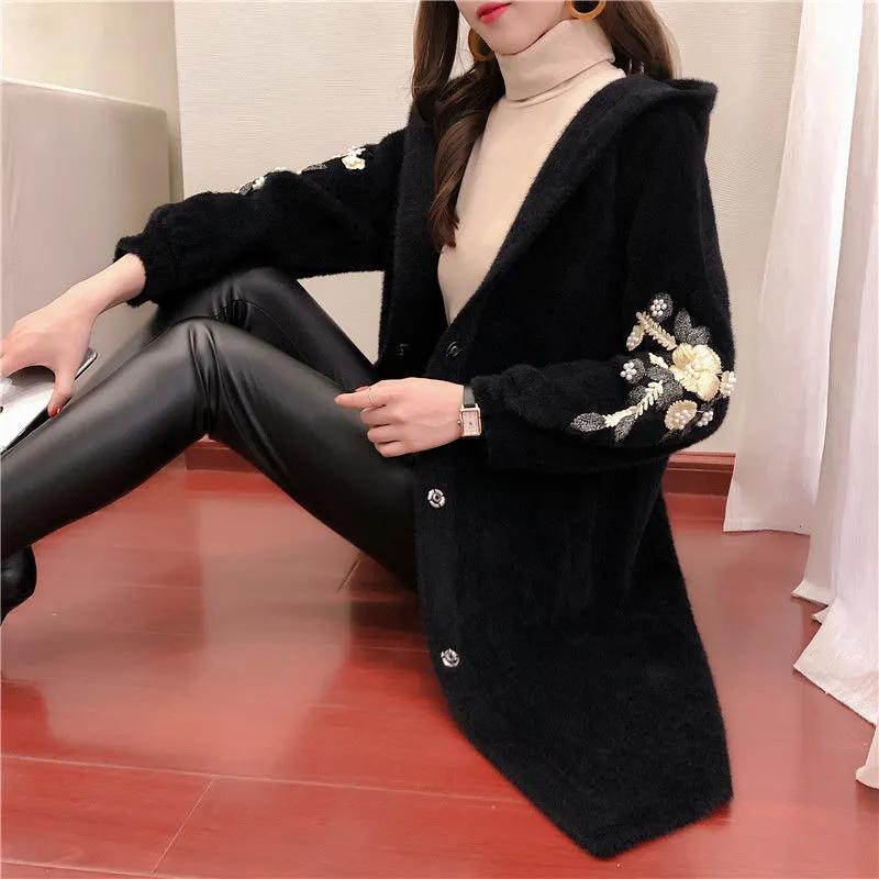 Women's Thickened Hooded Warm Imitation Mink Fleece Coat for Fall/Winter Mid-Length Wool Coat Female