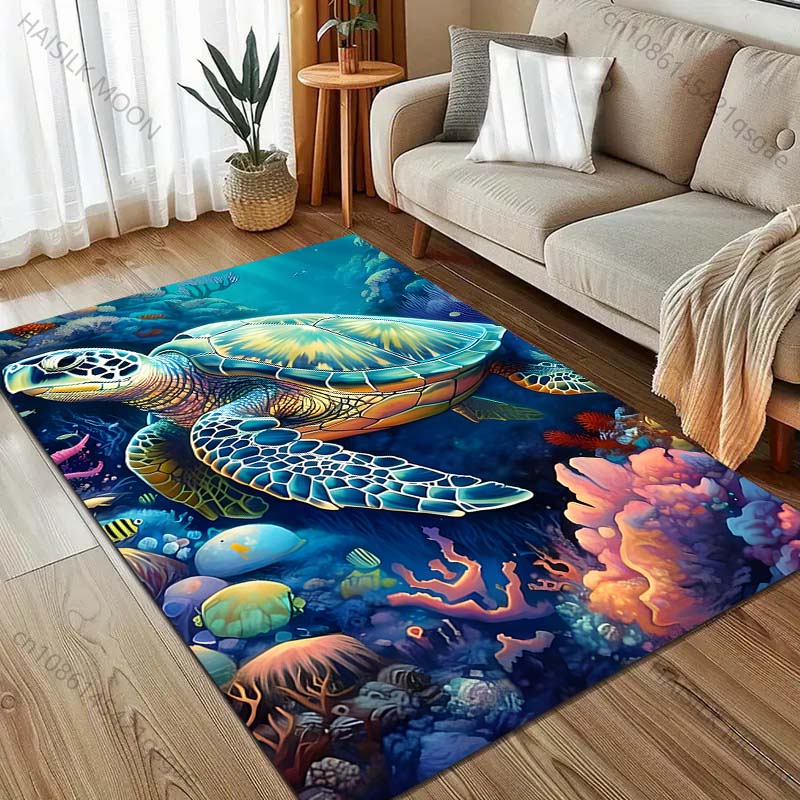 1 ks barevný koberec s potiskem želvy v oceánu pro obývací pokoj, ložnici, pohovku, rohožku, domácí dekoraci, zónový koberec, protiskluzová podložka na podlahu