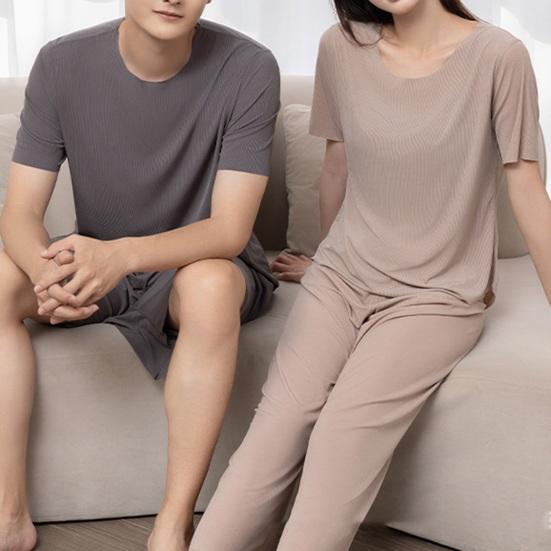 Women's Ice Silk Pajama Set Pullover Short Sleeve T-shirt And Pants Casual PJs Set Summer 2 Piece Loungewear