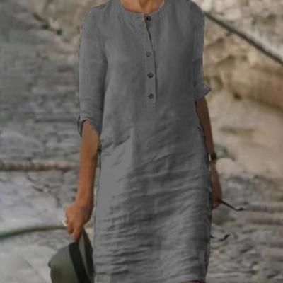 Damen-Sommerkleid, Rundhalsausschnitt, dreiviertel Ärmel, knielang, einfarbig, Knöpfe, lockerer Pullover, weich, atmungsaktiv, für Damen, Herbst, Frühling, Midikleid