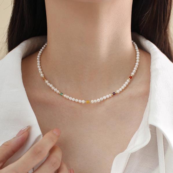 Natural pearl necklace fashionable color agate beaded collarbone chain 2025 popular neck chain