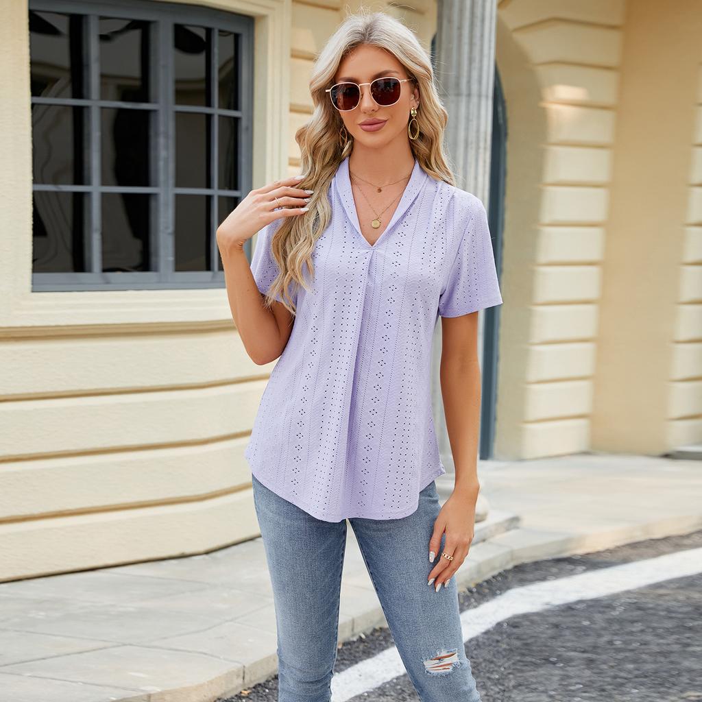Women's Spring and Summer New, V-neck Jacquard, Loose Tops, Lapel Swallowtail, Short Sleeve T-shirt