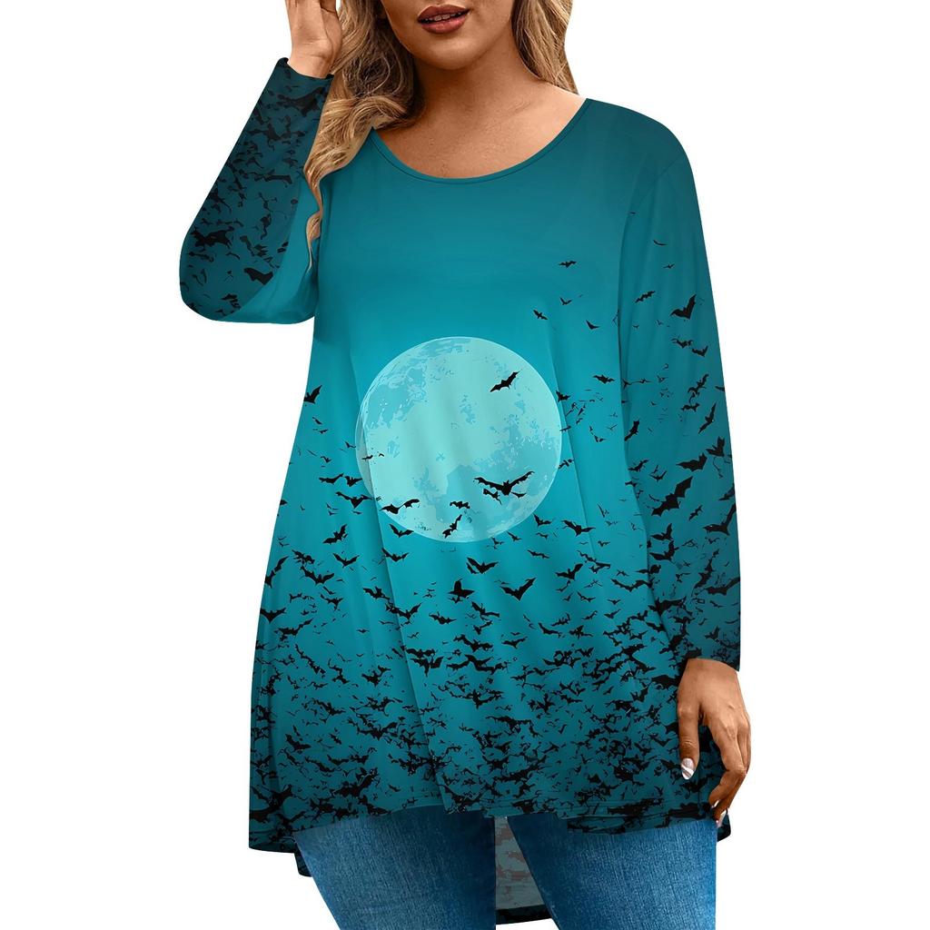 Women's Fashion Large Size Round Neck Long Sleeve Casual Halloween Print Loose Pullover Top