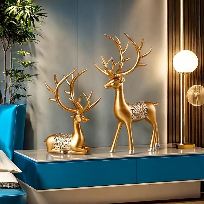 2pcs/Set Deer Statue, Golden Deer Christmas Decor, Elk Resin Reindeer Lucky Deer Sculptures For Work Desk Decor