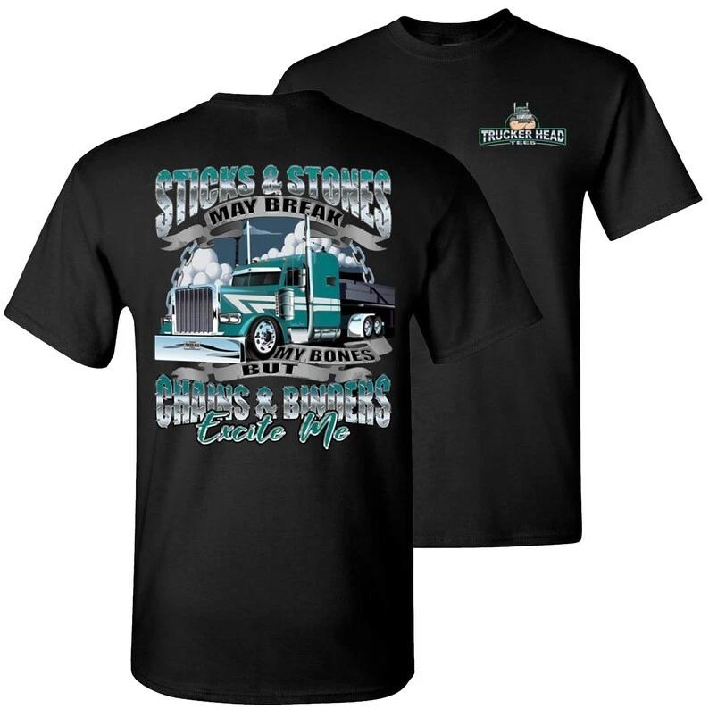 Funny Trucker Shirt, Sticks And Stones Chains And Binders, Funny Trucker T-Shirt XL