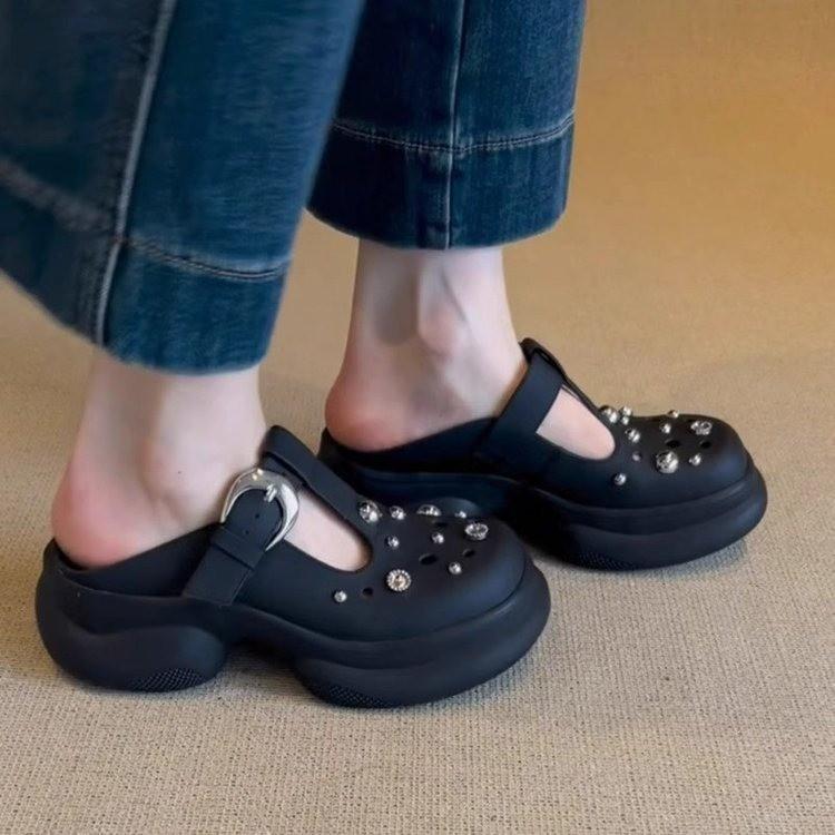 2025 Summer New Leather Thick-soled Heightened Non-slip Soft-soled Cool Slippers Women's Fashion Outer Wear Beach Shoes Hole Shoes