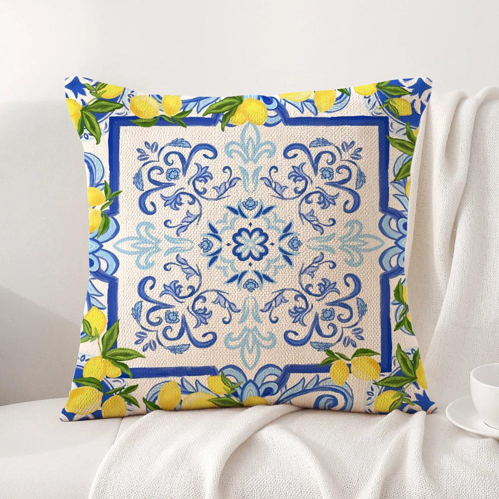 Greek Vacation Style Cushion Cover Natural Linen Organic Fabric Double-Sided Printing Sofa Home Decor Gift Pillow Cover