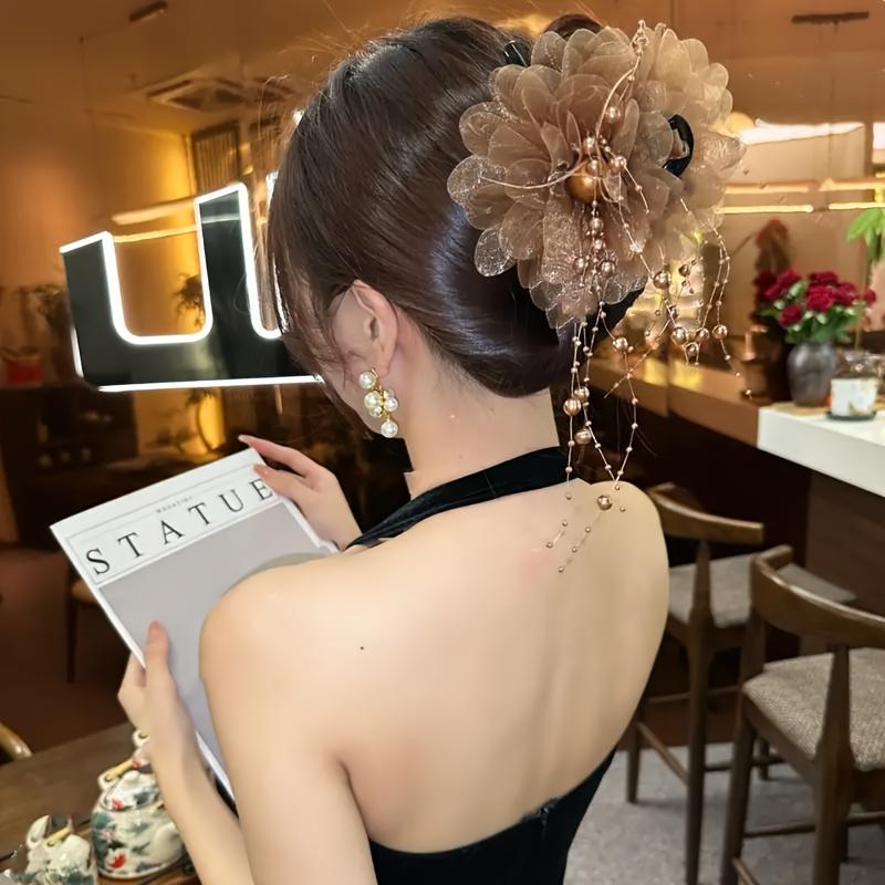 2Pcs Headgear Petals Feather Beads Fringed Grab Clip Back Head Hair Catch Shark Clip Lady Clip