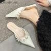Bead Flats Slippers Women Pointed Toe Sandals Mules Shoes Woman Summer 2025 Designer Trend Dress Casual Shoes Elegant Slides