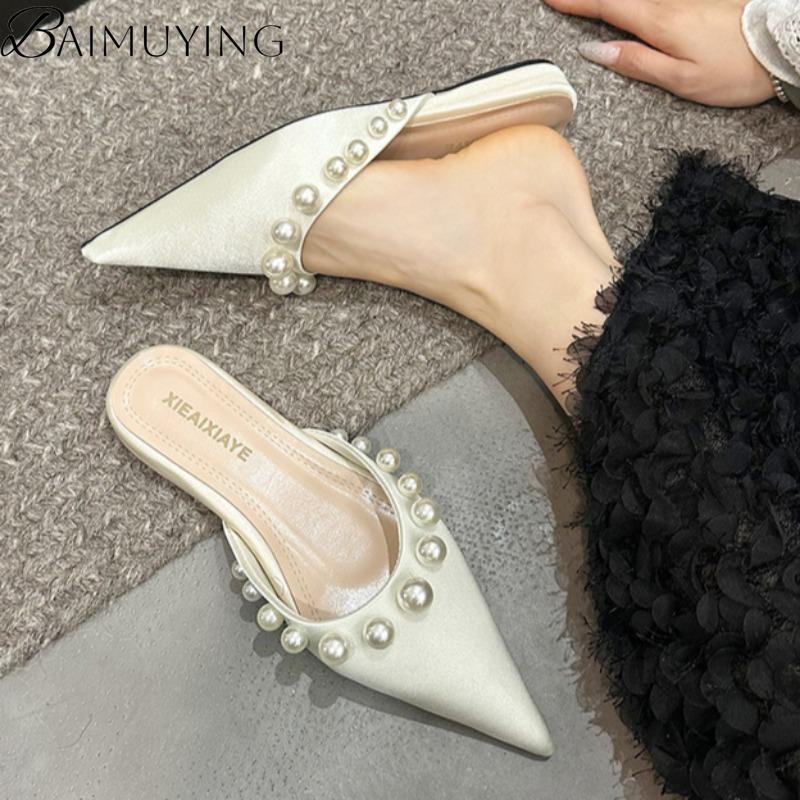 Bead Flats Slippers Women Pointed Toe Sandals Mules Shoes Woman Summer 2025 Designer Trend Dress Casual Shoes Elegant Slides