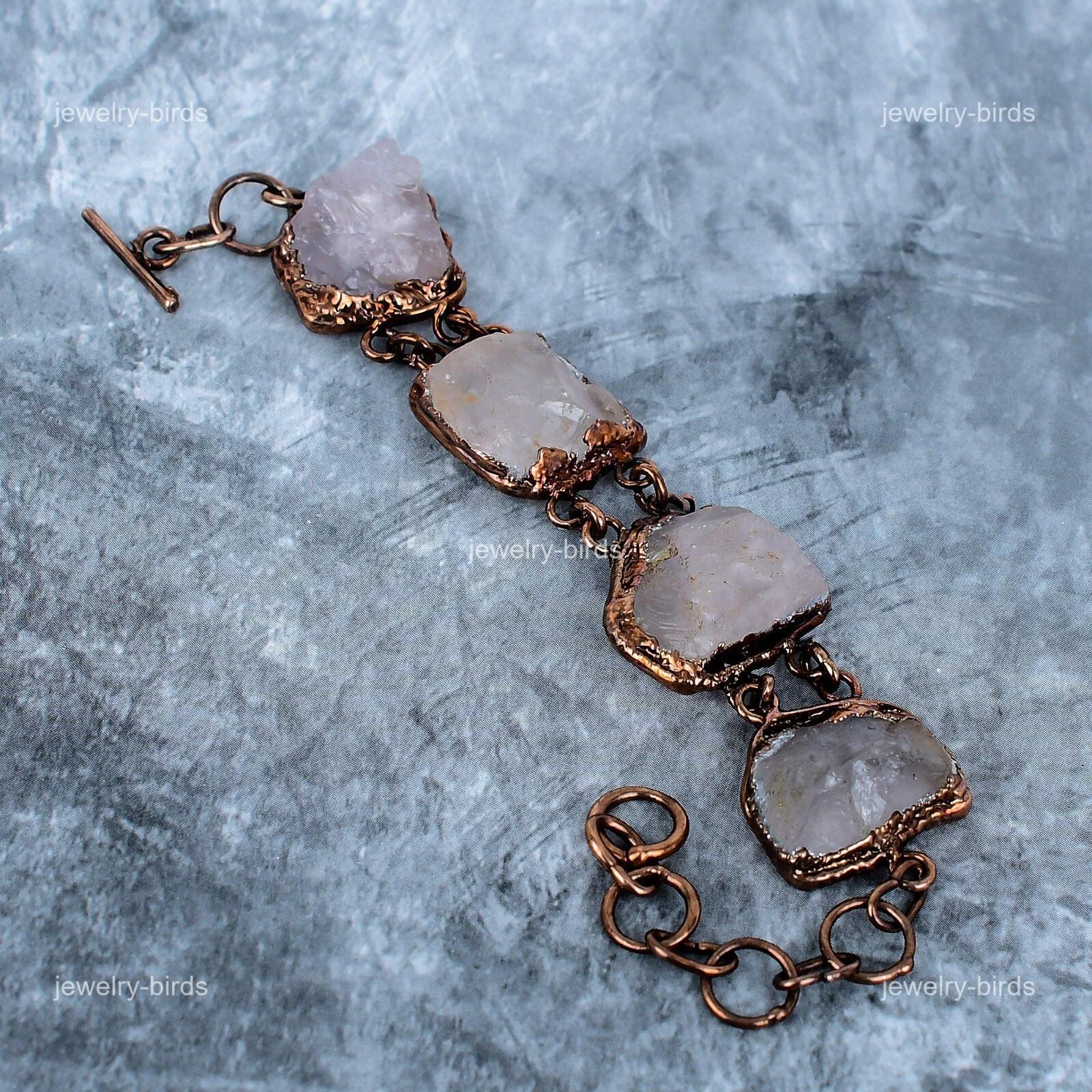 

Rose Quartz Stone Friendship Electroformed Heart Chakra Bracelet Jewelry Copper VP-115