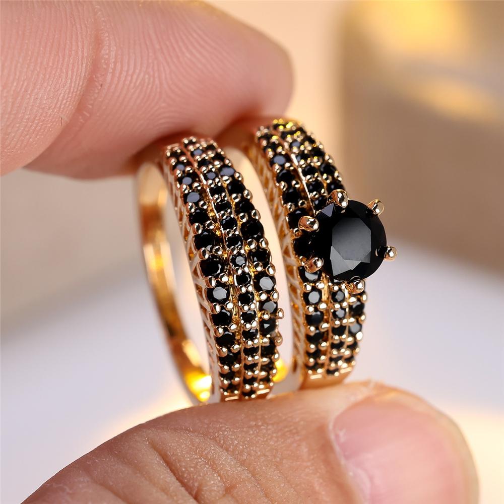 Crystal Female Purple Black Blue Zircon Round Stone Ring Set Vintage Gold Color Bridal Wedding Jewelry For Women