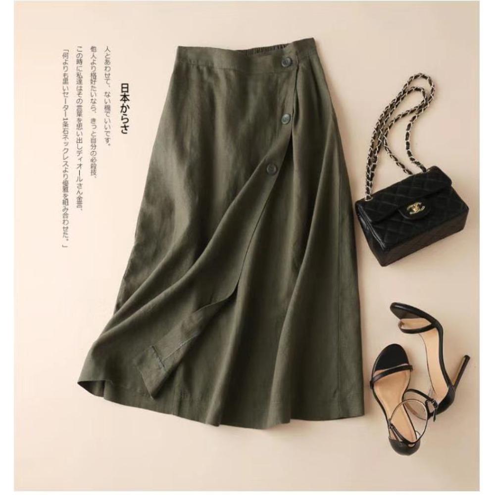 Gonna midi a pieghe con vita alta in misto lino da donna, stile casual a portafoglio con bottoni