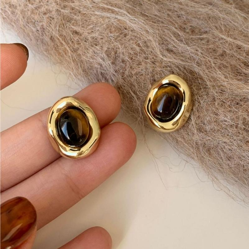 Trendy Tigers Eye Stone Metal Earrings For Women Lightweight Hypoallergenically Jewelry Ear Accessories Gift