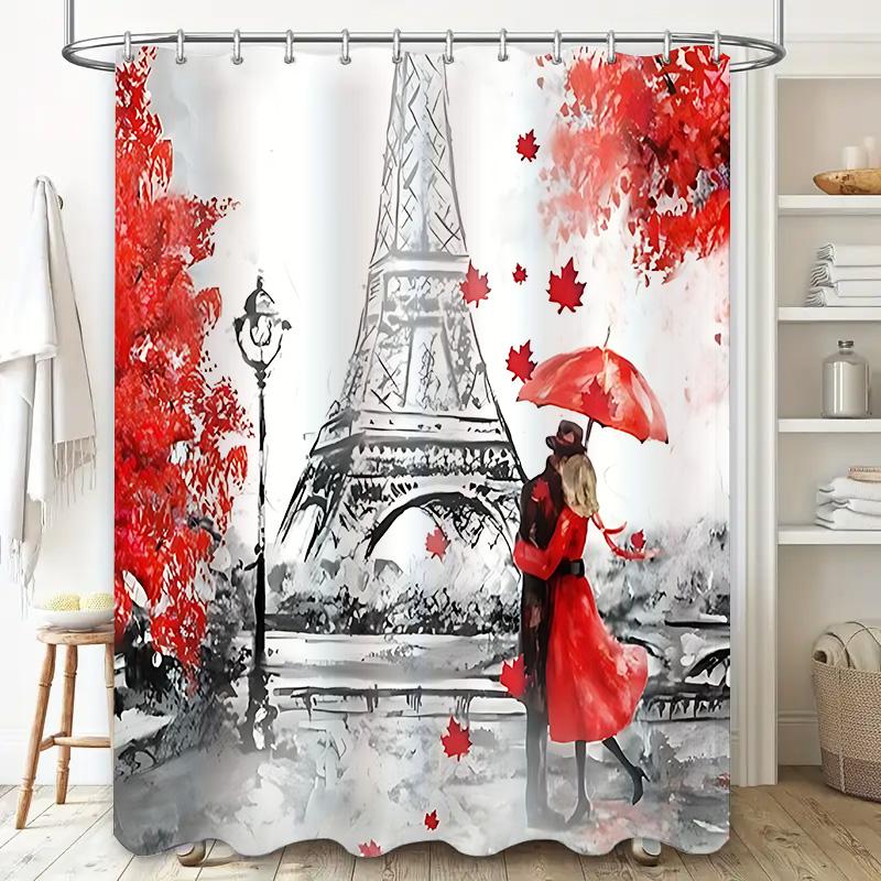Paris Romantic Red Umbrella Couple Shower Curtain Elegant Artistic Waterproof Bath Curtain Fashionable Home Decor Easy-Clean