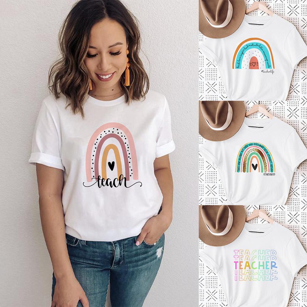 Womens Fashion Rainbow Teacher Graphic TShirt Loose Fit Casual round Neck Aesthetic Top Ins Style Modal fabric