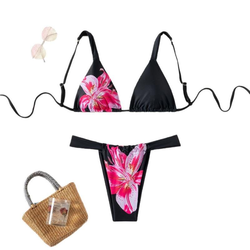 New split swimsuit printed fixed version contrasting color triangle cup bikini strap sexy swimsuit