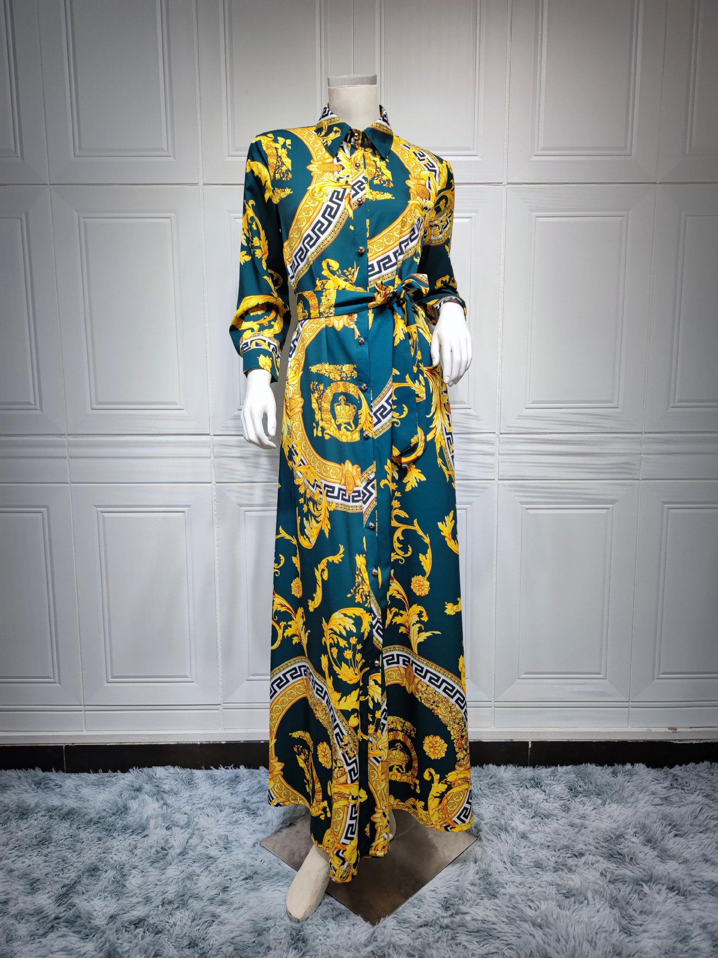 

Женское однобортное платье с лацканами с принтом и свободным мусульманским платьем с большим подолом S темно-зеленого