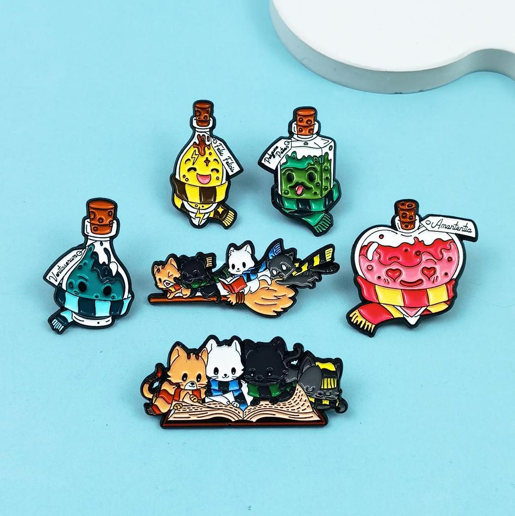 Adorable Cat on Flying Broom Brooch with Scarf and Bottle - Cute Badge Accessory