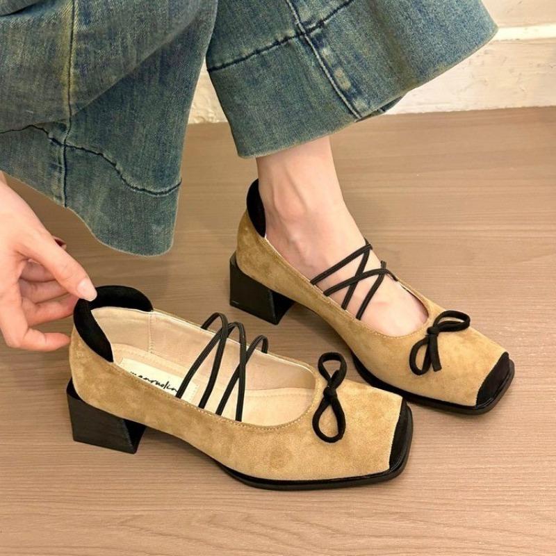 Fashion Autumn New Coarse Heel Single Shoes Women's Square Head Shallow Mouth Suede Butterfly Knot Soft Sole Non-slip Low Top Shoes