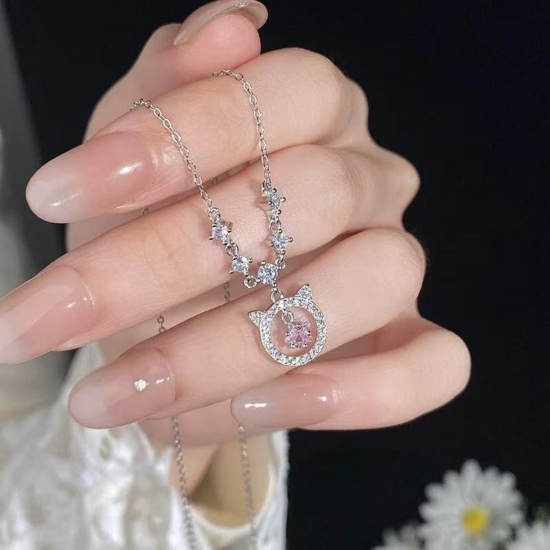 Pink Star Cat Necklace for Women: Nickel Silver with Gold Plating and Diamond Inlaid Pendant, Sweet Style High-Value Jewelry