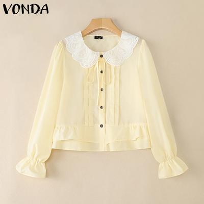 Women Lace Lapel Neck Long Sleeve Ruffled Pleating Casual Elegant Blouse