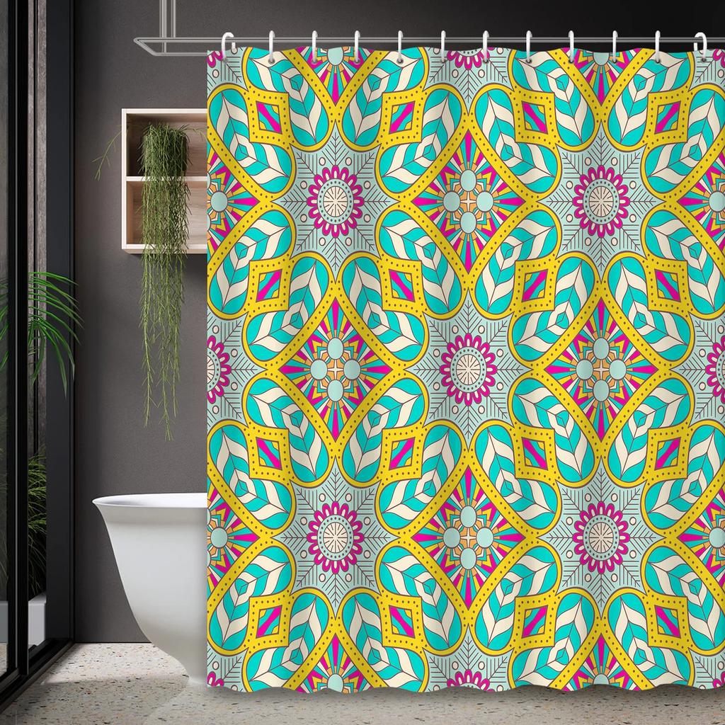 1 Stück Böhmischer Bunter Geometrischer Duschvorhang, Inklusive 12 Haken, Strapazierfähiges Polyester, für Badezimmer- & Heimdekoration