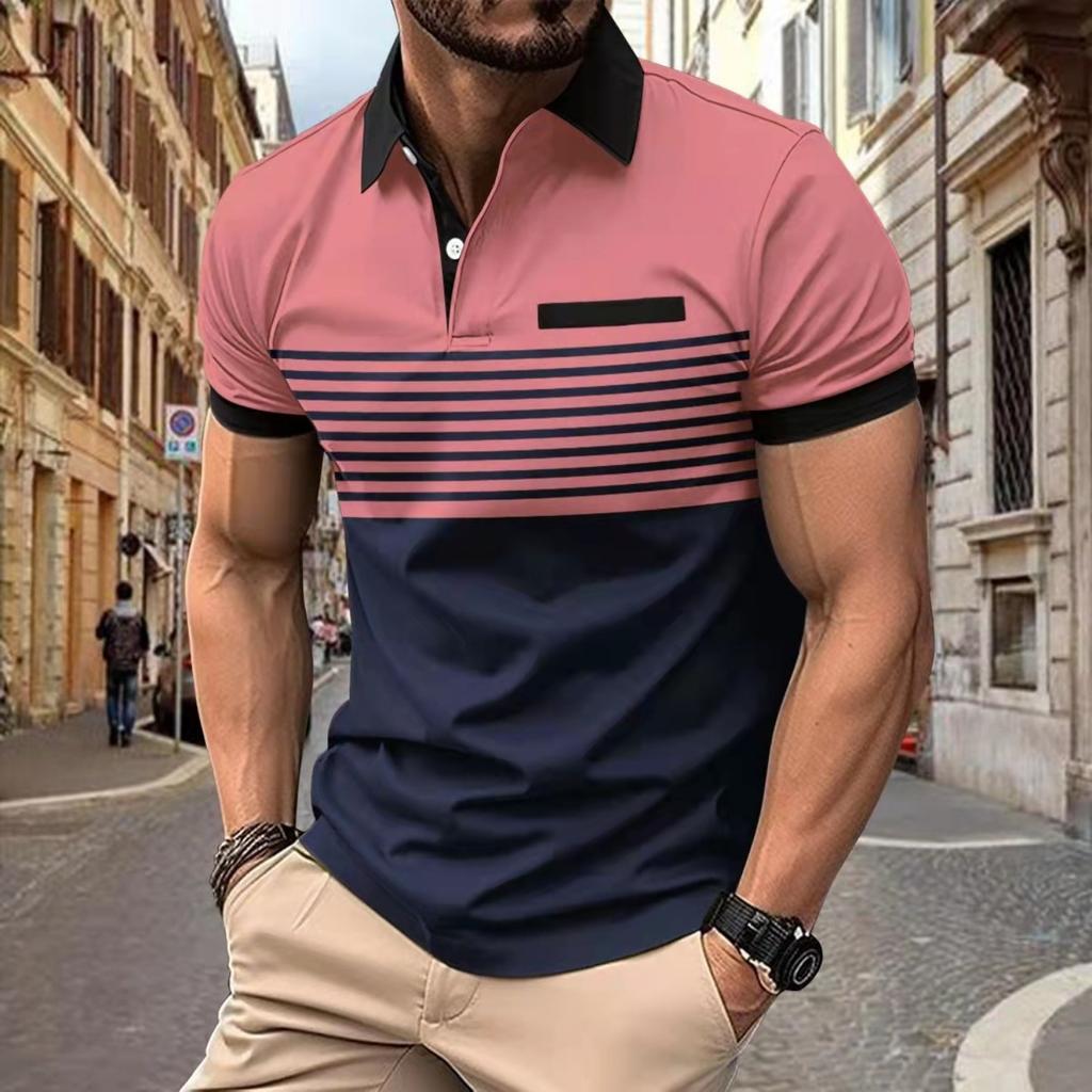 Summer Men's New Chest Fake Pocket Digital Printed Lapel Button Up Short Sleeve Top