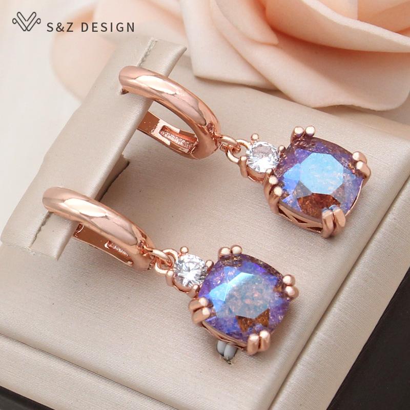 Mode Maillard automne hiver Orange carré cristal ensembles de bijoux pour les femmes couleur or Rose boucles d'oreilles