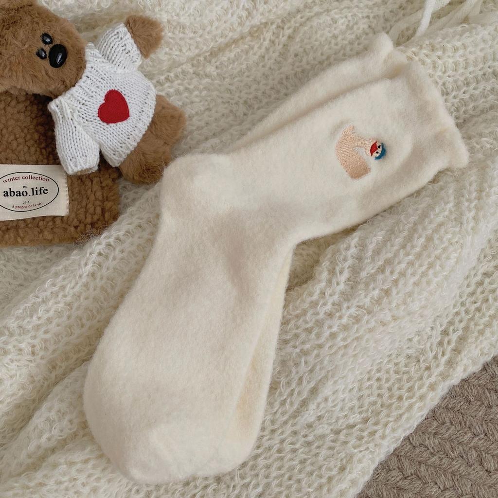 Australian Fleece Socks Winter Women'S Warm Heat Storage Plush Thickened Home Cute Mid-Leg Socks Embroidered Goose Feather Socks