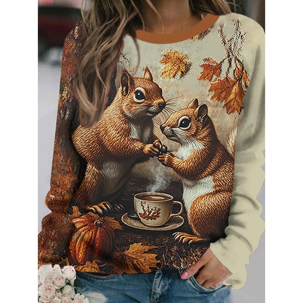 Autumn Cute Squirrel Leaves 3d Print Long Sleeve T-Shirt Women's Fashion Casual Oversized Fashion Comfortable T-shirt