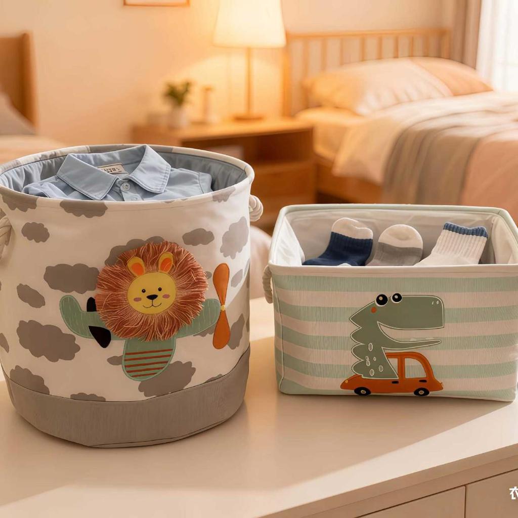 Cartoon Embroidered Fabric Toy Organizer & Laundry Basket