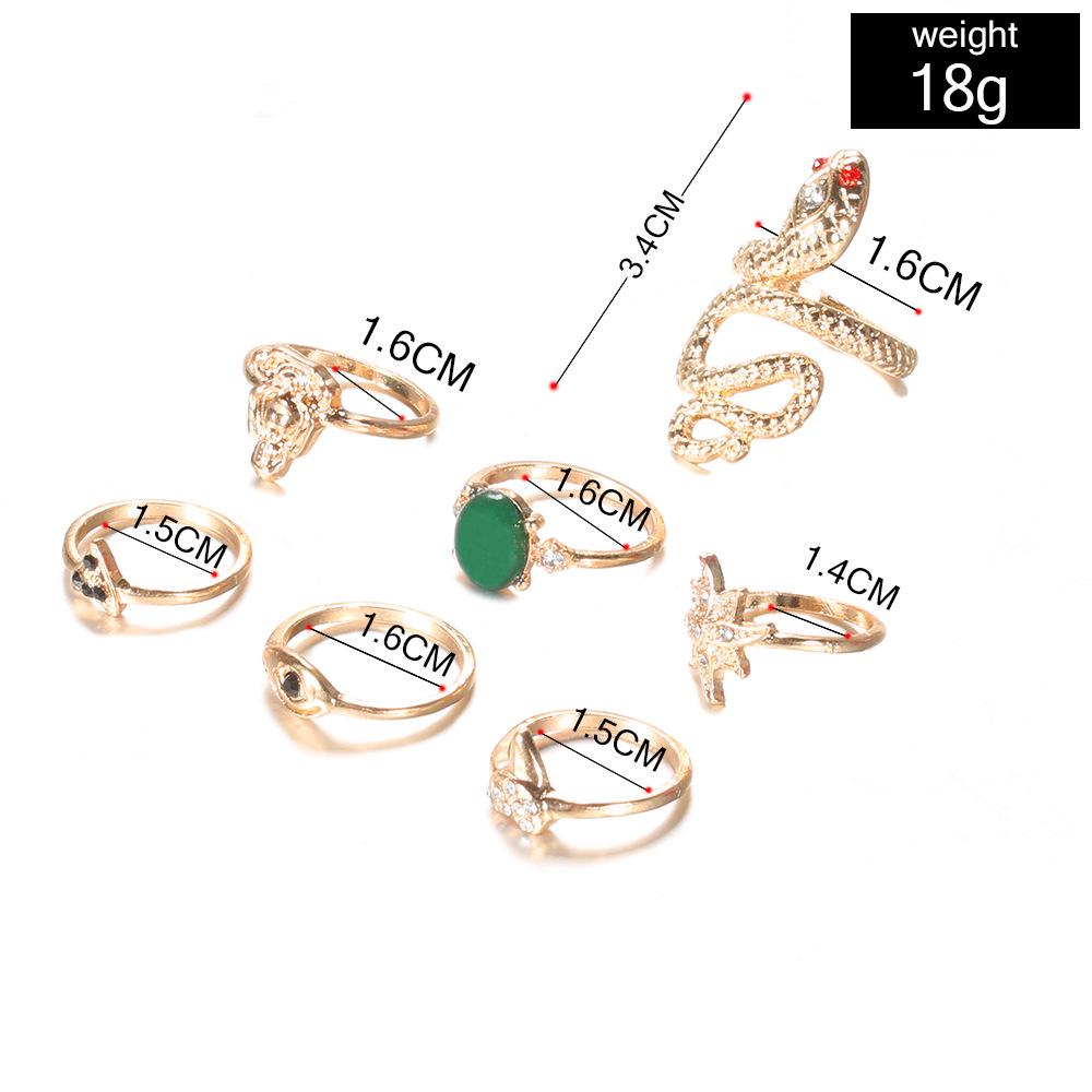 European & American Style 7-Piece Green Gemstone Opal Imitation Diamond Snake Knuckle Ring Set