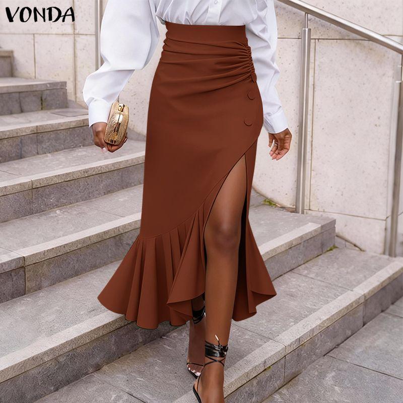 VONDA Elegant Women Ruffled Zip-up Waist Side Splits Irregular Casual Party Skirts Dress