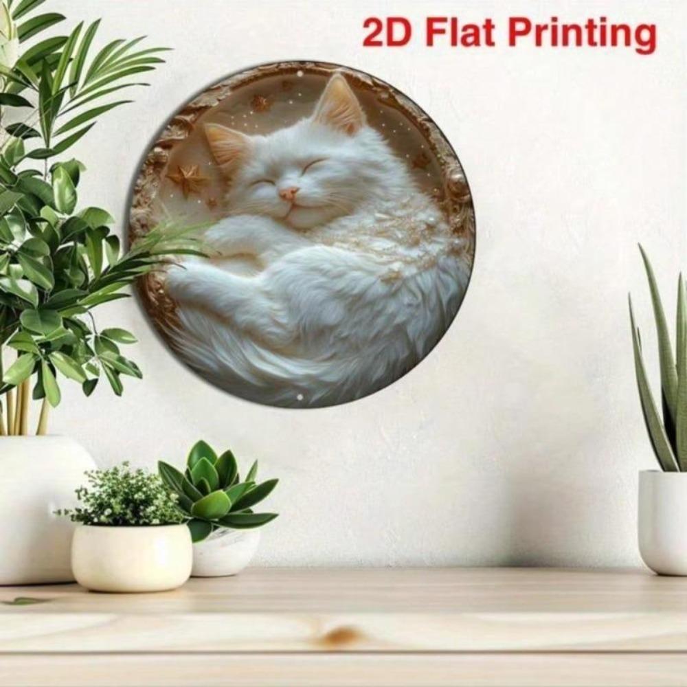 Iron Wall Art Cat Design Round Metal Painting Waterproof Weatherproof Home Decor