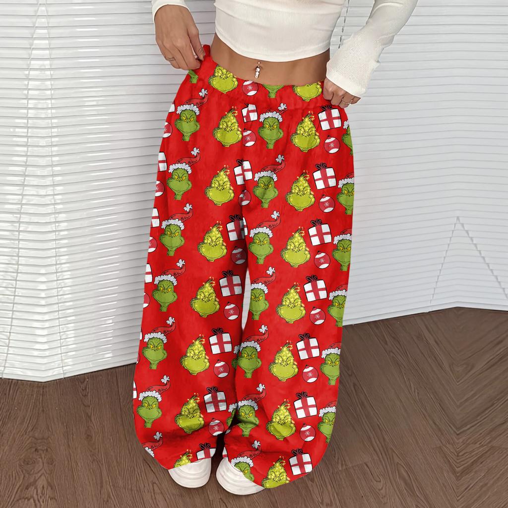 Women's Casual Christmas Print Elastic Waist Loose Fit With Plush Wide Leg Pants