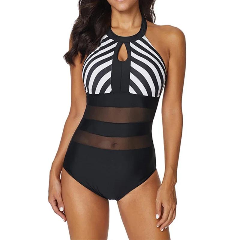 Backless One-Piece Swimsuit Women Vintage Mesh splicing Swimming Bodysuit Sports Swimwear Summer Beach Bathing Suits