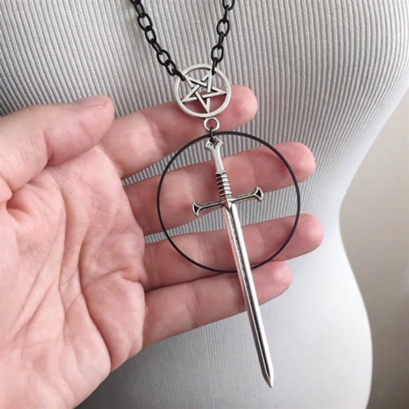 Gothic Pentagram Sword Pendant Necklace - Retro Jewelry.
