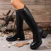 Women'S Solid Color Chunky Heeled Boots Fashion Rivet Decor Platform Knee High Boots Woman Autumn Winter Pu Leather Long Botas