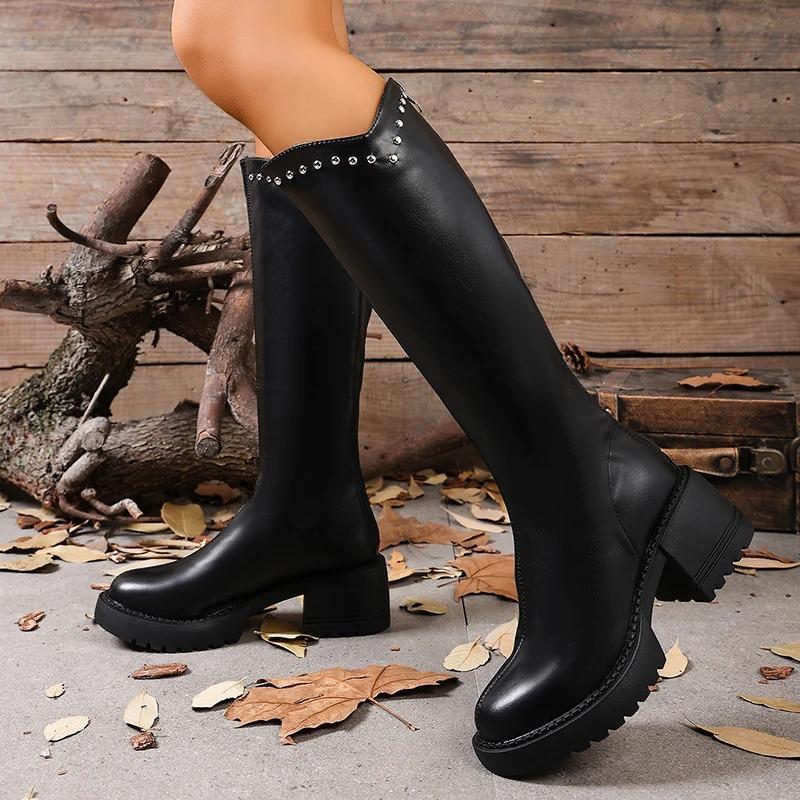 Women'S Solid Color Chunky Heeled Boots Fashion Rivet Decor Platform Knee High Boots Woman Autumn Winter Pu Leather Long Botas