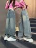 2025 Mädchen High-Waist Weitbeinige Jeans mit Sternen-Aufnähern - Frühling/Herbst Stil für ältere Kinder