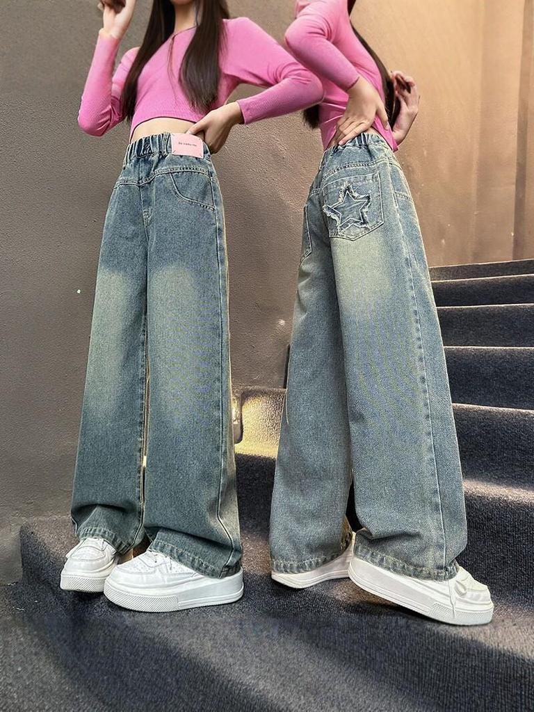 2025 Mädchen High-Waist Weitbeinige Jeans mit Sternen-Aufnähern - Frühling/Herbst Stil für ältere Kinder