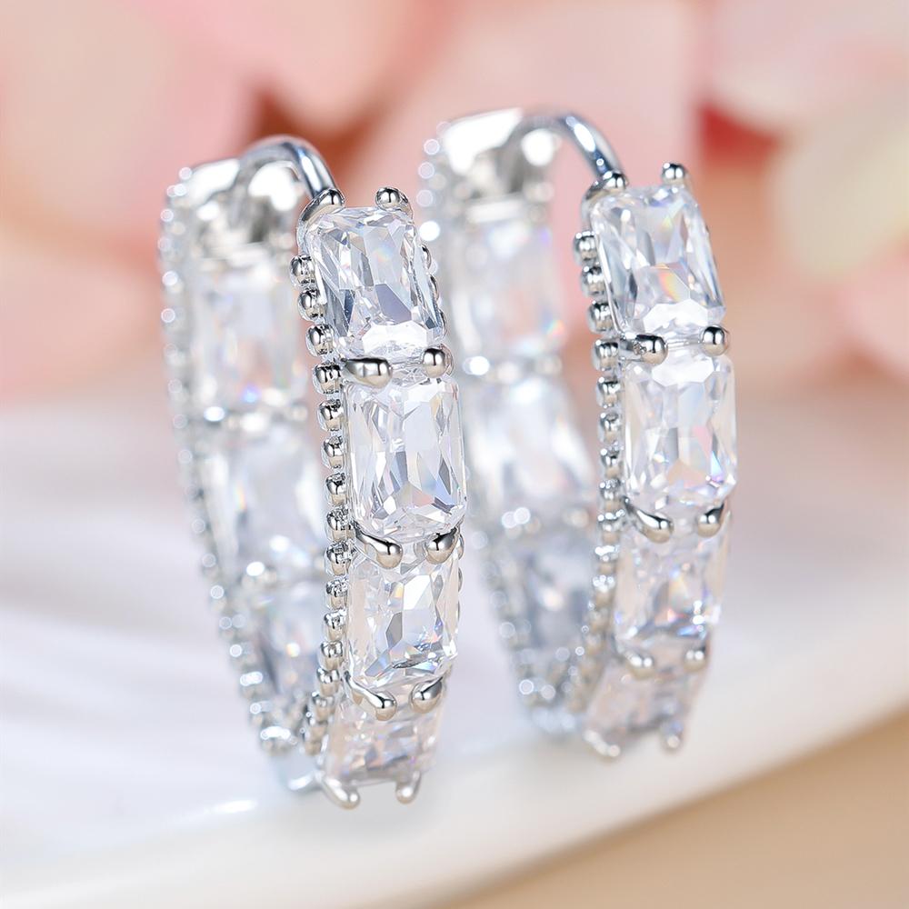Luxury Geometric Zirconia Hoop Earrings Female Fashion Wedding Party Jewelry Gorgeous Silver Color Accessories for Women