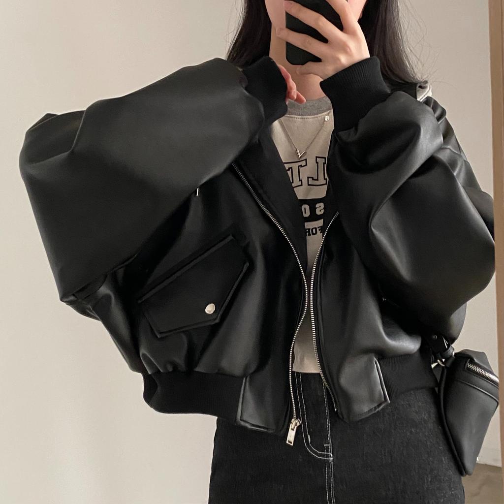 Korean chic autumn and winter niche retro zipper double pocket casual loose and versatile fake two-piece hooded leather jacket