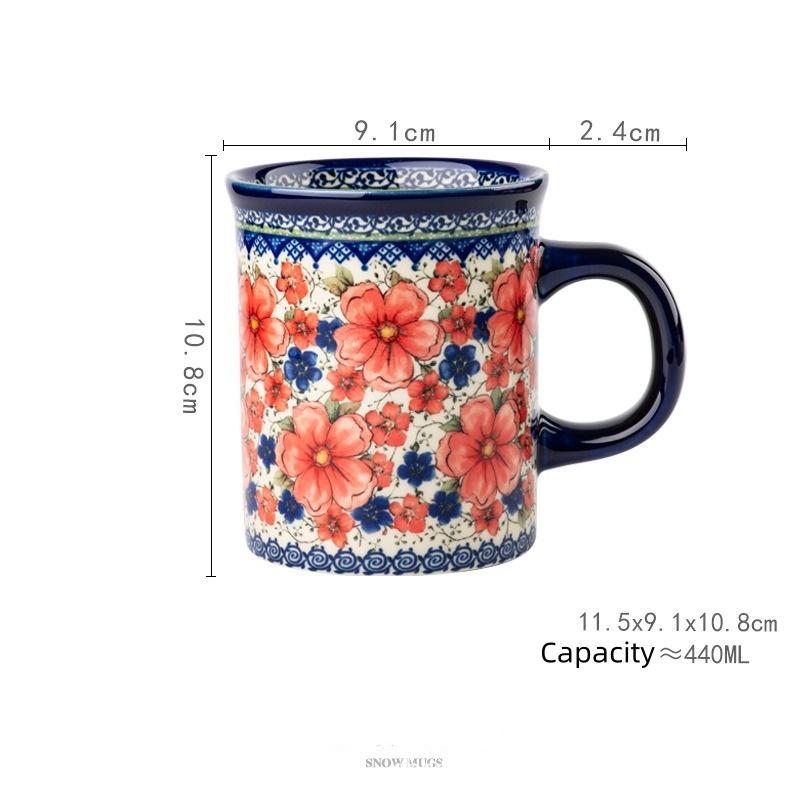 Bohemian Floral Ceramic Mug, Vintage Style Red Blue Flower Coffee Cup for Home & Gift