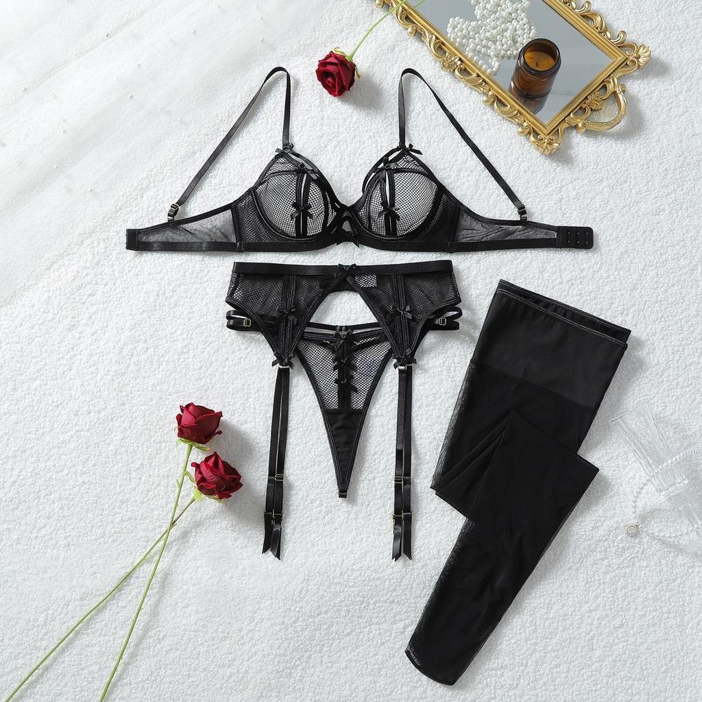 Women's Sexy Fashion Fishnet Lingerie Set Bow Decor Hollow Sheer Lingerie Outfit With Stockings