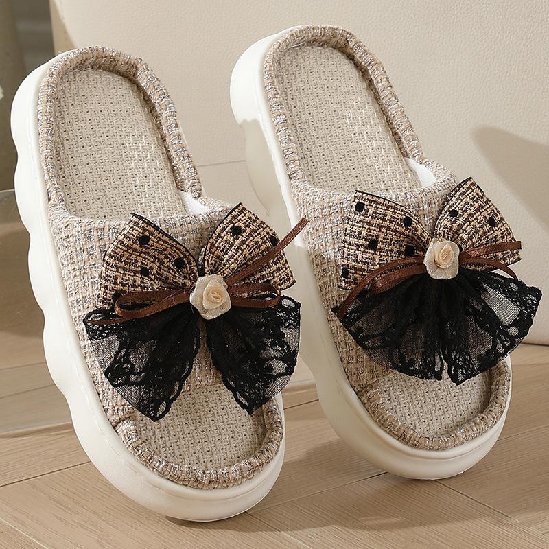 Butterfly Knot Linen Slippers for Women, Summer Home, Anti Slip, Daily Breathable, with A Sense of Stepping on Poop